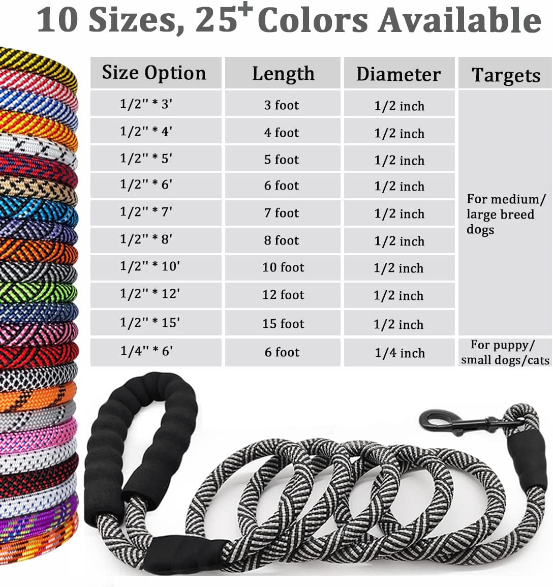 Heavy Duty Rope Dog Leash, 3/4/5/6/7/8/10/12/15 FT Nylon Pet Leash, Soft Padded Handle Thick Lead Leash for Large Medium Dogs Small Puppy