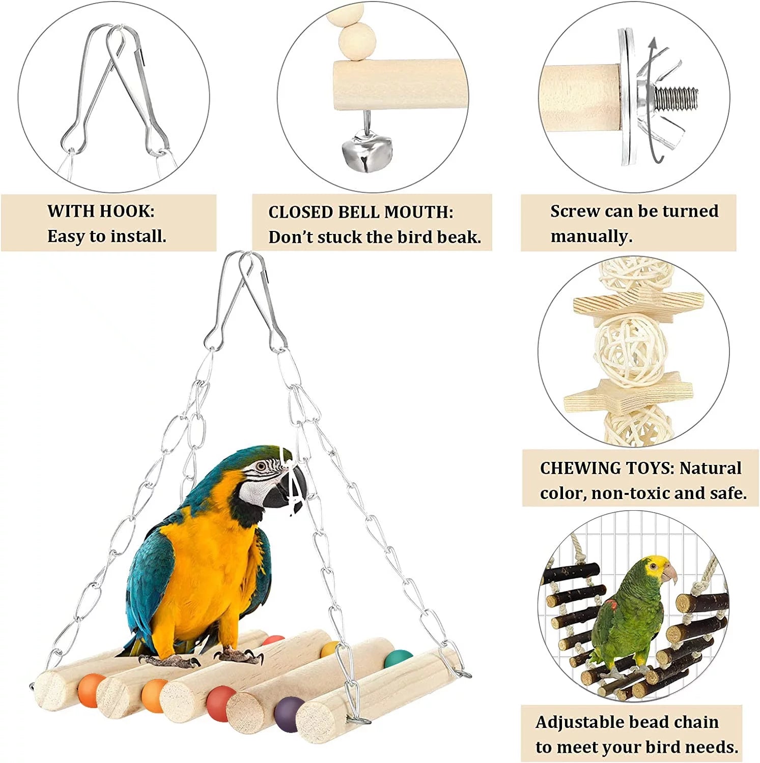 6 PCS Bird Toys Parakeet Toys, Colorful Parrot Toy for Small Parakeets Cockatiels Conures Finches Swing Chewing Hanging Bell Cage Hammock Toy